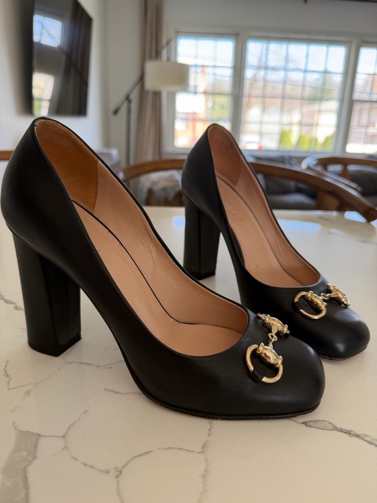 Gucci Shoes - Gucci Black Leather Pump with Gold Horsebit Accent
